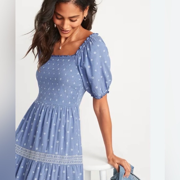 Old Navy Puff-Sleeve Printed Embroidered Smocked Fit & Flare Midi Dress Large - Picture 2 of 8